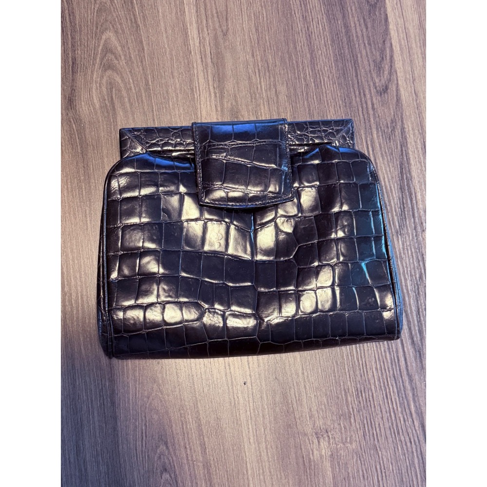 Vintage Joan & David Made in Italy Black Embossed Croc Leather Clutch Handbag
